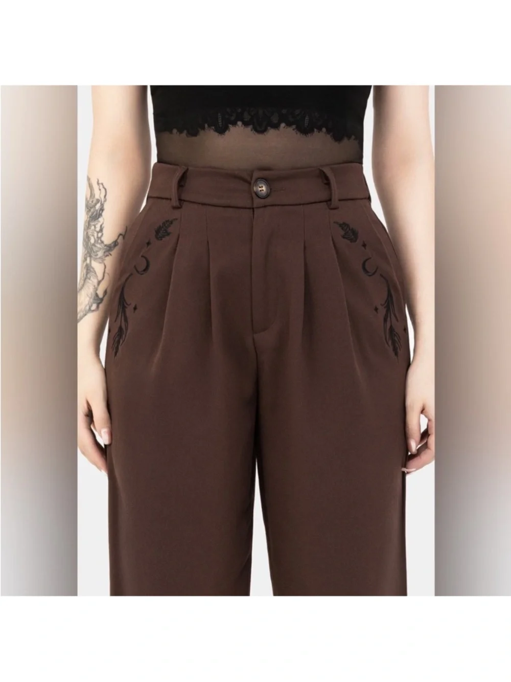 Disturbia Brown High-Waist Pleated Trousers with Cuffed Ankles - Picture 2 of 7